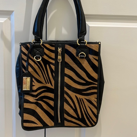 Badgley Mischka calf hair leather top handle tote handbag purse designer zebra - Picture 2 of 9